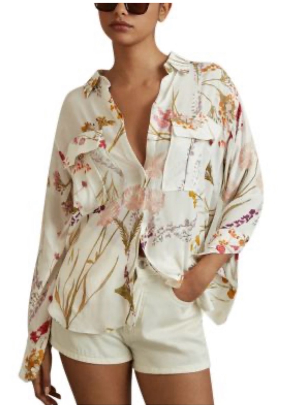 REISS Floral Ivory Satin Button-Up Blouse